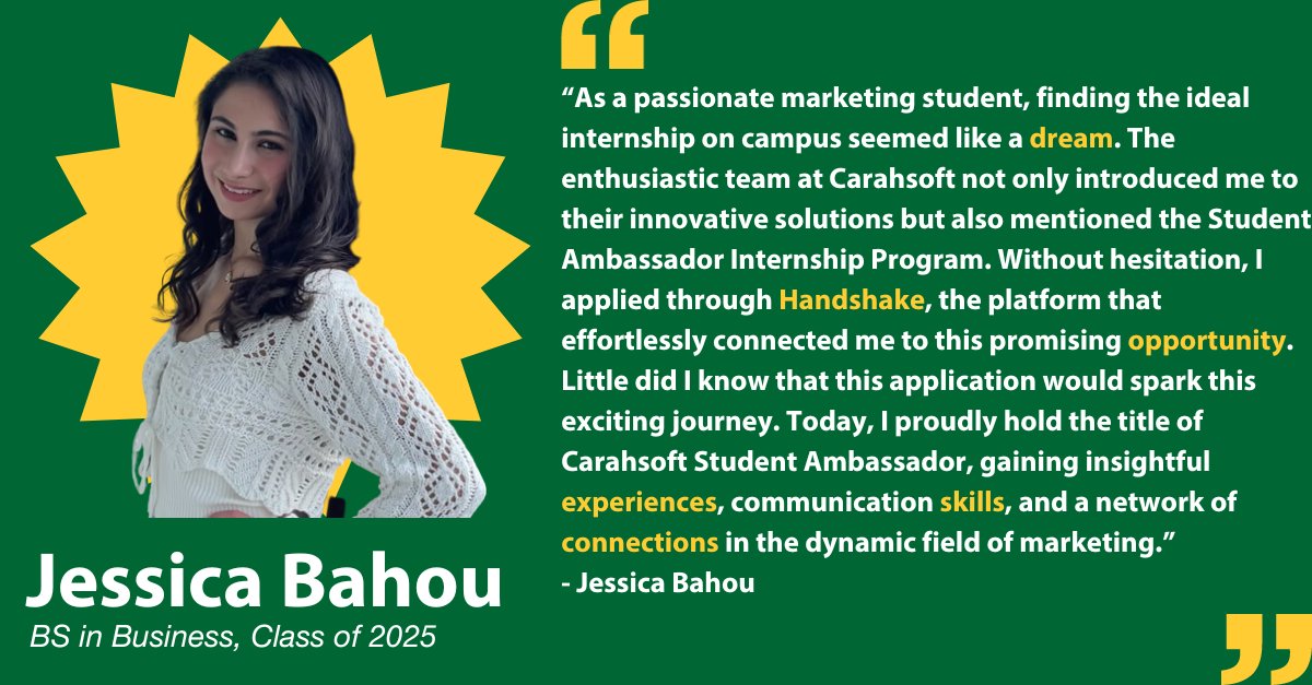 Thank you to Jessica Bahou for sharing her success story with <a href="/masoncareer/">Career Services</a> services!

#mason #georgemason #georgemasonuniversity #gmu #careerservices #masoncareerservices #career #success #student #studentsuccessstory #SuccessStory