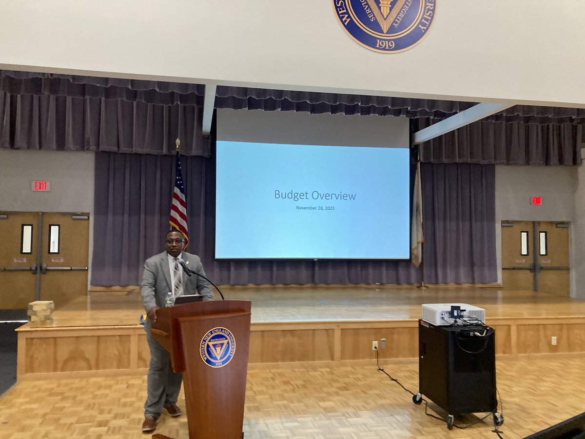 Right now: ⁦<a href="/WNEUniversity/">Western New England University</a>⁩ VP for Finance &amp; Administration Basil Stewart holds open meeting of the Budget Advisory Committee in Rivers Auditorium for both in-person and remote attendees, where he is talking about FY2025 proposed budget priorities among other things.