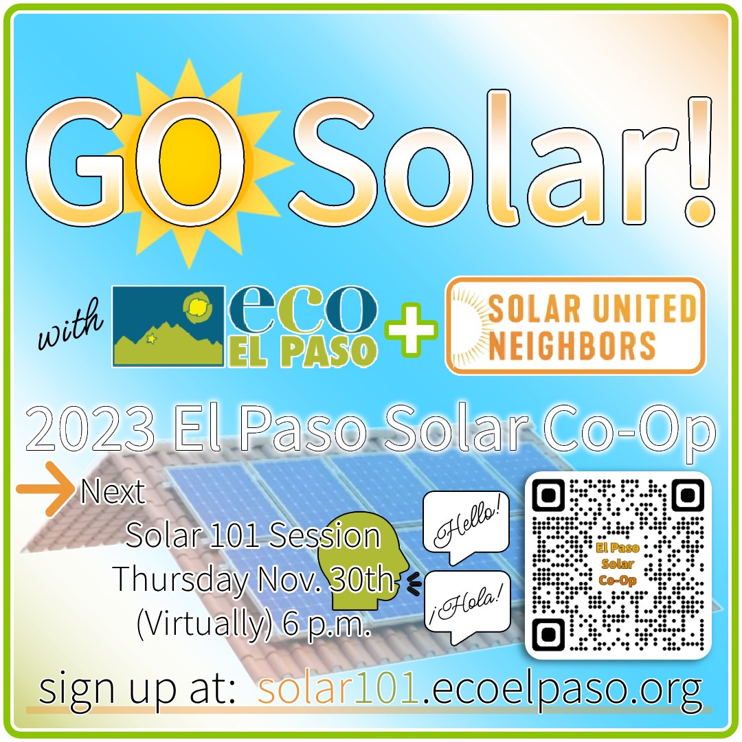 ☀️ 2023 El Paso Solar Co-Op - November 30th - Solar 101 Session

⚡ Sign up and join the El Paso Solar Co-Op Solar 101 session this Thursday, Nov. 30th at 6 p.m. This session will be virtual and bilingual.

🎯 Sign up at:  solar101.ecoelpaso.org

#Solar #SolarEnergy #SolarPower