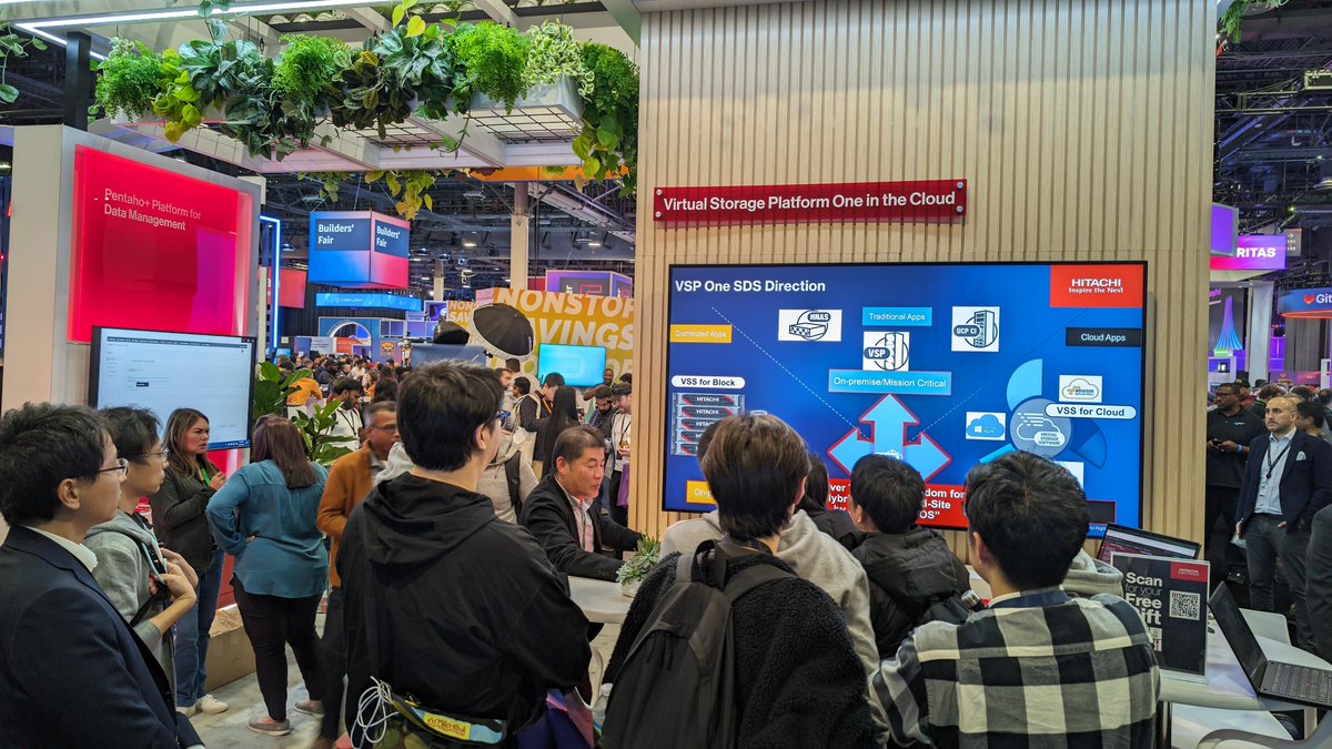 HitachiVantara's tweet photo. #AWSreInvent is underway! Join Hitachi at booth #1532 for live demos and in-booth presentations every hour, on the hour! Our experts will drop knowledge on everything from #HybridCloud to #GenAI and share insights for innovating on AWS. https://t.co/dMifolOC74 https://t.co/x8LqSDDw1q