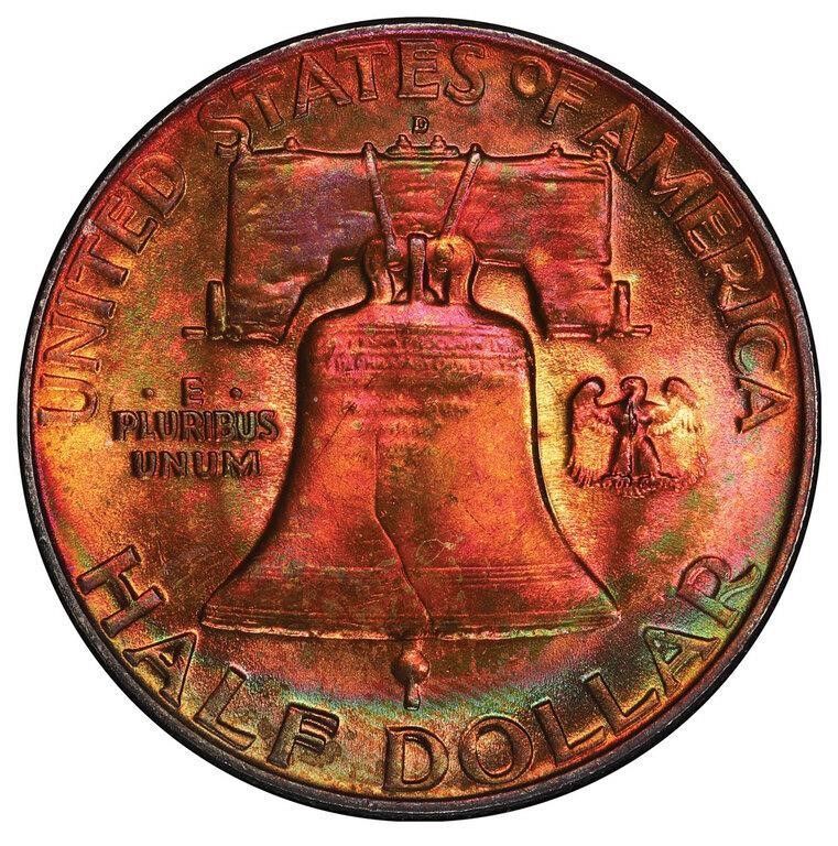 On this #TonerTuesday we present this MONSTER toned Franklin $1. Absolutely crazy to see such lush and rich crimson covering so much of the coin-- there's almost no original color left! Regency Auction 62 is open now, place your pre-bids while you can! buff.ly/3R32EWJ