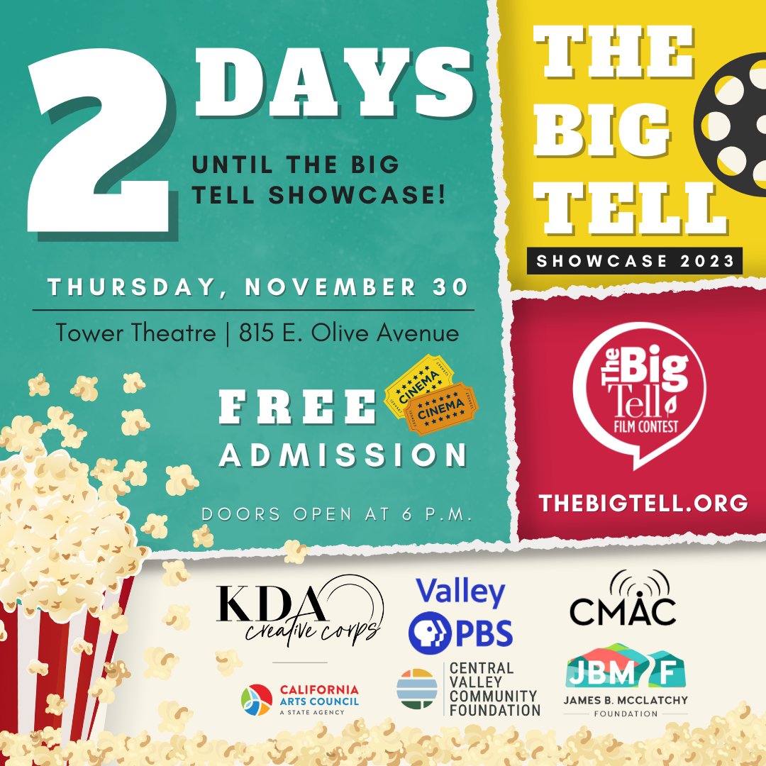 CMACTV's tweet photo. ✨Just 2 DAYS until The Big Tell Showcase steals the spotlight at the Tower Theatre! If you haven't secured your tickets, now's the time! 
✨🚀 https://t.co/Km8kumOoGT 

💛@JBMcClatchy, @CentralValleyCF, the KDA Creative Corps, @CalArtsCouncil and @ValleyPBS
@SaschaWrites https://t.co/fTyLtEjxr3