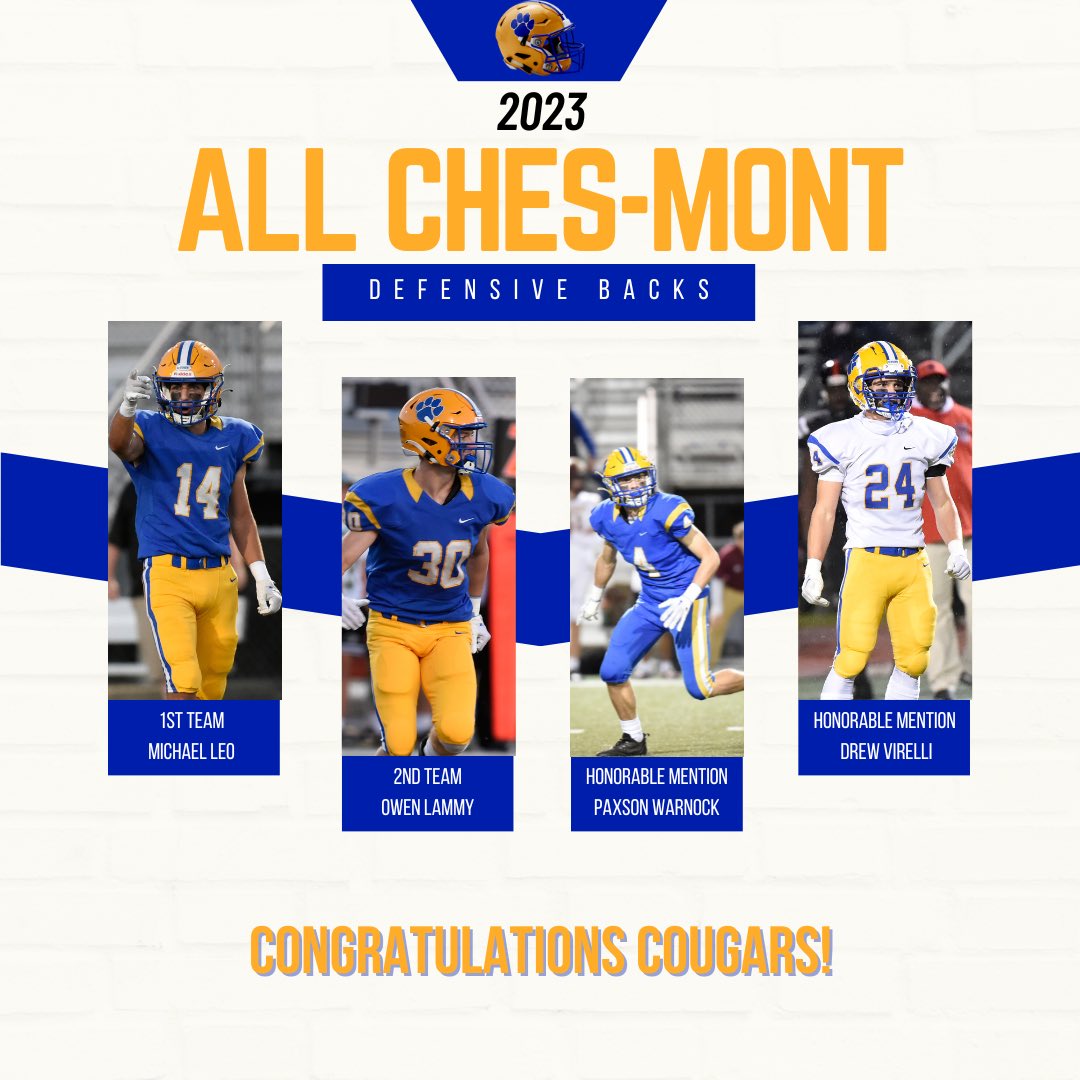 DTownFball's tweet photo. 2023 All Ches-Mont Defensive Backs
@MPaddy14 @owen_lammy30 @PaxsonWarnock @drewvirelli_ https://t.co/kIRtjRcgbm