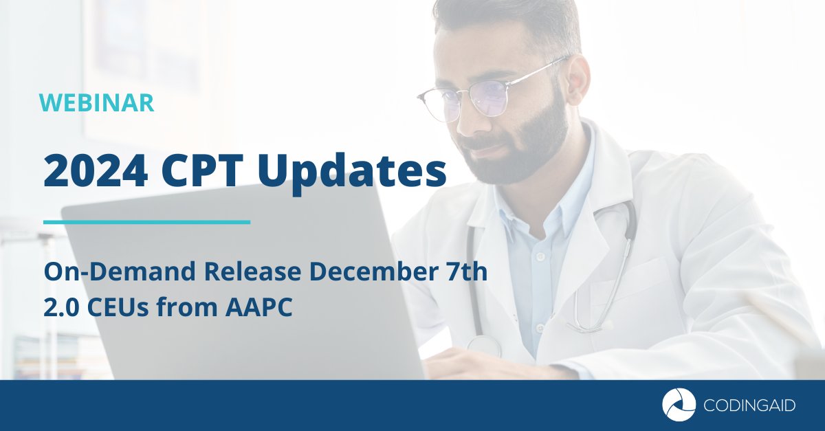 ManagedResc's tweet image. Join our 2024 CPT Updates Webinar to review important changes to the CPT guidelines. plus bonus information & key items from the 2024 Medicare Physician Fee Schedule. Register to watch on-demand starting 12/7: hubs.la/Q02bh_PJ0
#codingwebinar #medicalcoding #cpt #2024cpt