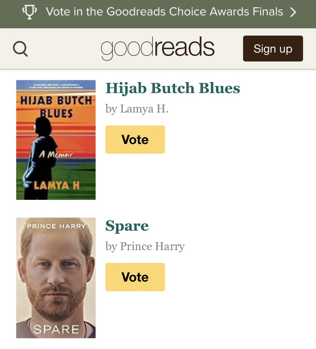 Ok, bird app friends, help ya boi out. Hijab Butch Blues made it to the final round of the Goodreads Choice Awards! I’m competitive AF and don’t want to lose to Harry, Paris or Pamela sooo vote for my book? goodreads.com/choiceawards/b…