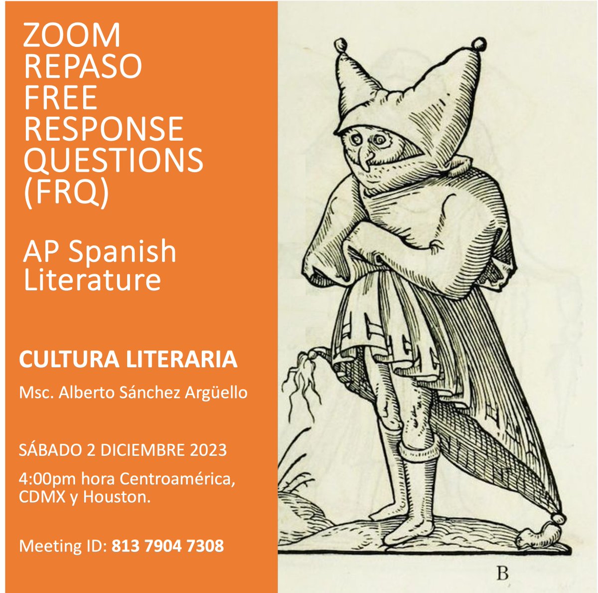 Nos vemos este sábado 2 de diciembre a las 4:00pm en el primer Zoom de Cultura Literaria :) vamos a repasar las FRQ del examen del curso de #apspanishlit Revisaremos las rúbricas actulizadas y analizaremos ejemplos, les espero.