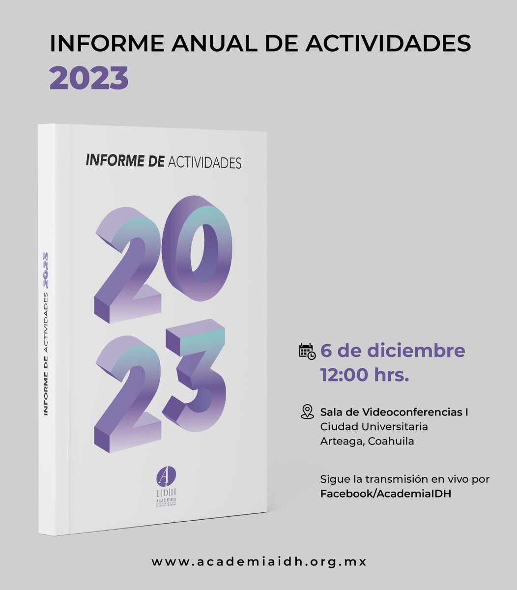 La Academia Interamericana de Derechos Humanos les invita a la presentación del Informe de Actividades 2023.

📅 6 de diciembre de 2023
🕔 12:00 hrs.
📍 Sala de Videoconferencias I, Ciudad Universitaria
🌎 Arteaga, Coahuila, México