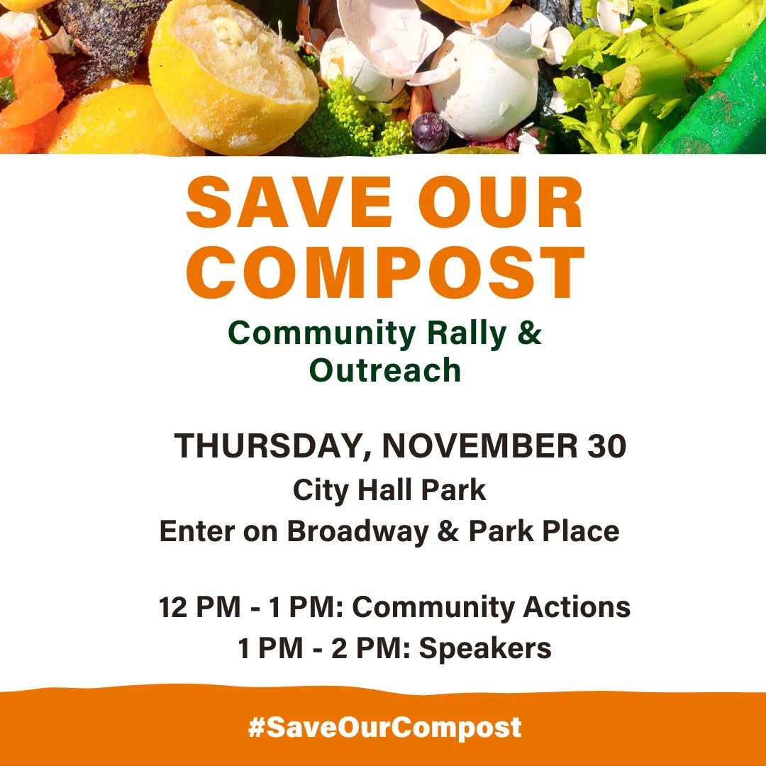 SAVE OUR COMPOST!

Join us in standing up for our community composters! Mayor Adams' plan to cut funding for community composting threatens to undo the vital work that compost organizations do for our city.

We invite you to join us on Thursday, November 30, 2023 at 12 PM for a