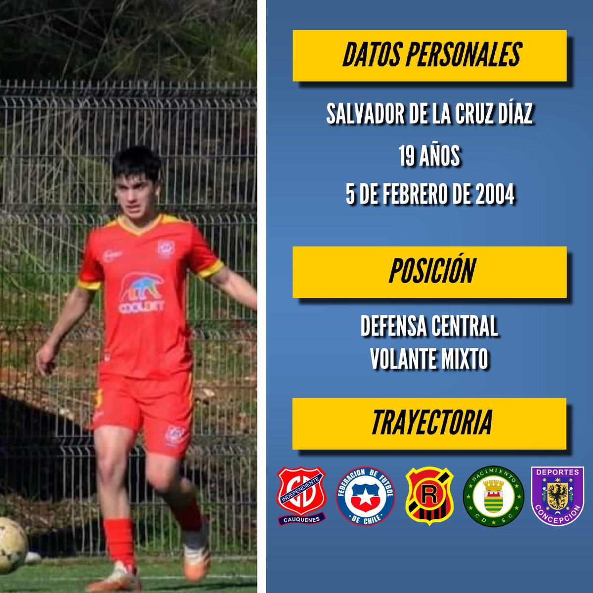 FSC_Chile's tweet photo. FUTBOLISTA BUSCA CLUB 📣

Nombre: Salvador Díaz
Edad: 19 años

Características
• Estatura: 1,78m
• Peso: 73kg
• Pierna hábil: Derecha

* Fue nominado a la Selección Chilena Sub-17 🇨🇱

CONTÁCTANOS SI QUIERES CONTAR CON EL JUGADOR 📩

#FutbolistaSinClub #Chile https://t.co/cxiTrDEH3l