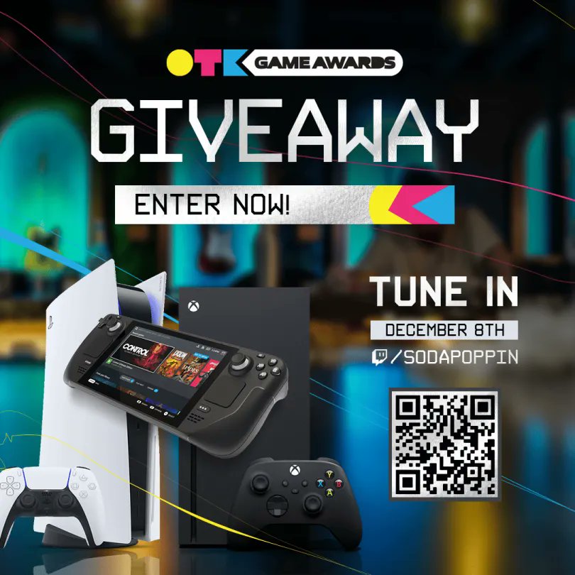 To kickoff the @OTKGameAwards, we're hosting a gaming giveaway for 2 winners!! 🎮 👑 Like/RT this post 👑 Follow @OTKGameAwards & @OTKnetwork 👑 Follow @Sodapoppintv 👑 Enter w/ the link below! ENDS NOV 30th (Worldwide) gleam.io/kYjmP/otk-vga-…