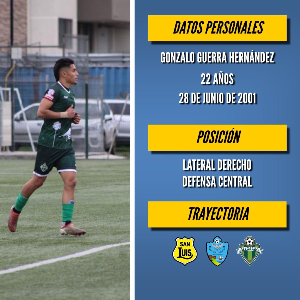 FSC_Chile's tweet photo. FUTBOLISTA BUSCA CLUB 📣

Nombre: Gonzalo Guerra Hernández
Edad: 22 años

Características
• Estatura: 1,75m
• Peso: 72kg
• Pierna hábil: Derecha

CONTÁCTANOS SI QUIERES CONTAR CON EL JUGADOR 📩

#FutbolistaSinClub #Chile https://t.co/eV298zkMgQ