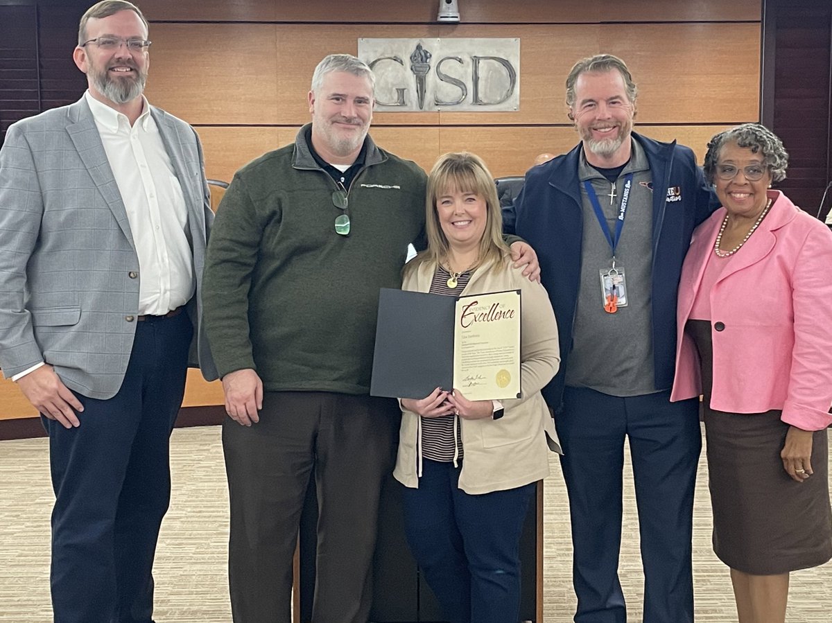 Congratulations to our own Lisa Sanborn for being recognized tonight by the GISD Board of Trustees for being recognized as the Area 11 TAFE Teacher Leader of the Year! #RunMustangsRun🐎
