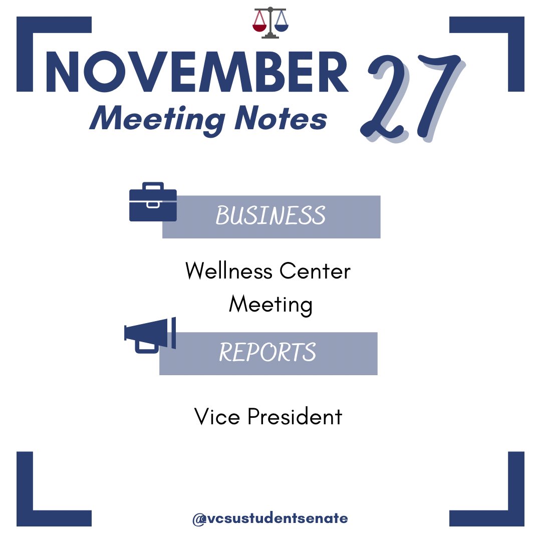 💼 In this week's meeting...  

📷 For more information on these topics, check out the full post on our Instagram!  

#MeetingNotes #StudentSenate #StudentGovernment #VCSUStudentSenate