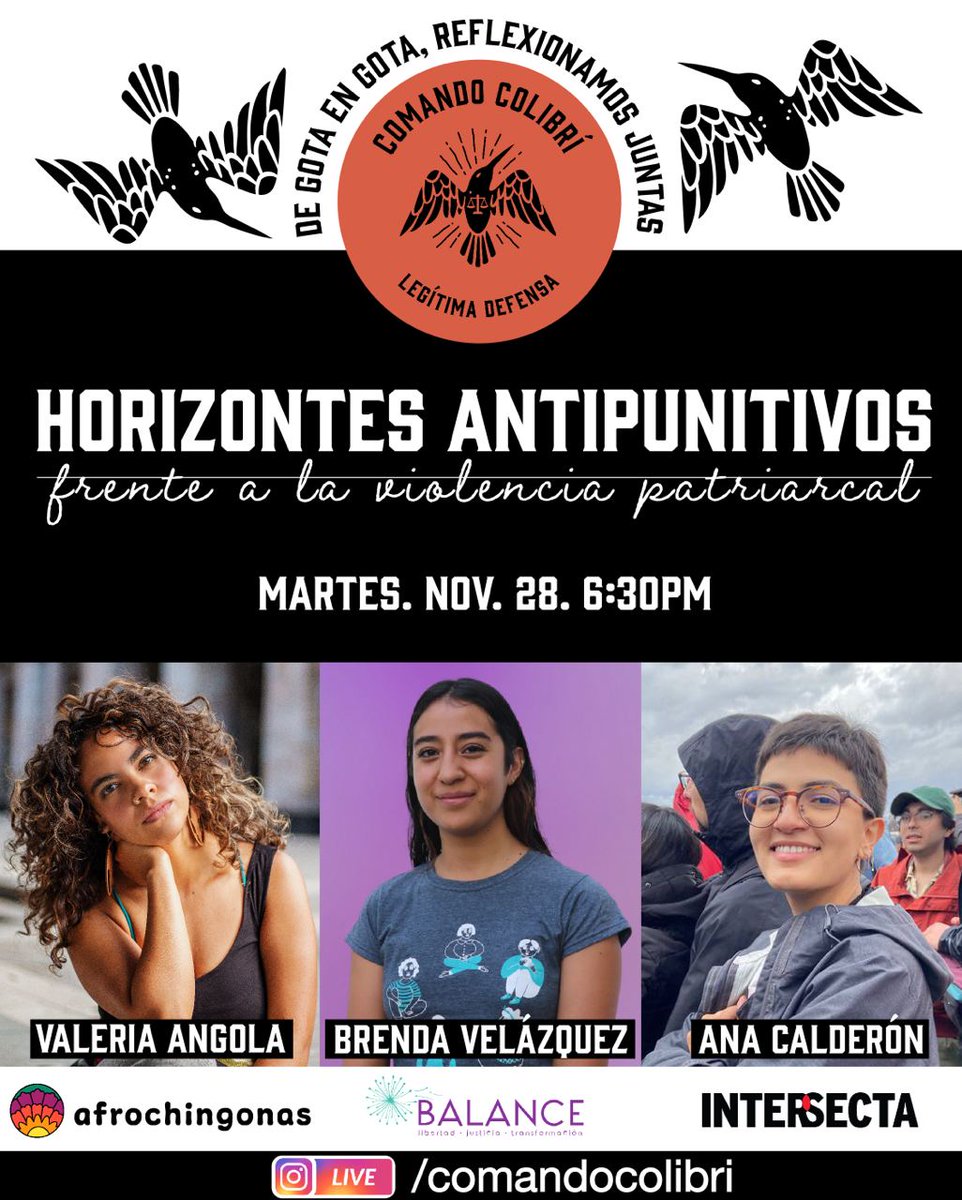 📣¡Inicia nuestra transmisión en vivo sobre horizontes antipunitivos!

👉🏾Sintonízalo en nuestra cuenta de IG: instagram.com/comandocolibri/

🗣️ Nos acompañan Valeria Angola de <a href="/afrochingonas/">Afrochingonas</a>, Brenda Velázquez de <a href="/balancejoven/">Balance AC</a>, y Ana Calderón de <a href="/intersectaorg/">Intersecta</a>
