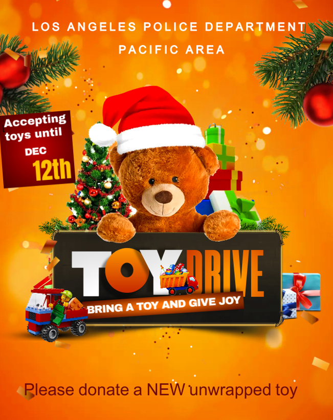 LAPDPacific's tweet photo. Help make the holiday season extra special for kids in the community. Please drop off a NEW unwrapped toy at LAPD Pacific Station.
12312 Culver Blvd. Culver/Centinela
Los Angeles, CA 90066,
Your generosity will bring joy to a child this holiday season!
#ToyDrive #LAPDPacific https://t.co/2EJ3plazAm