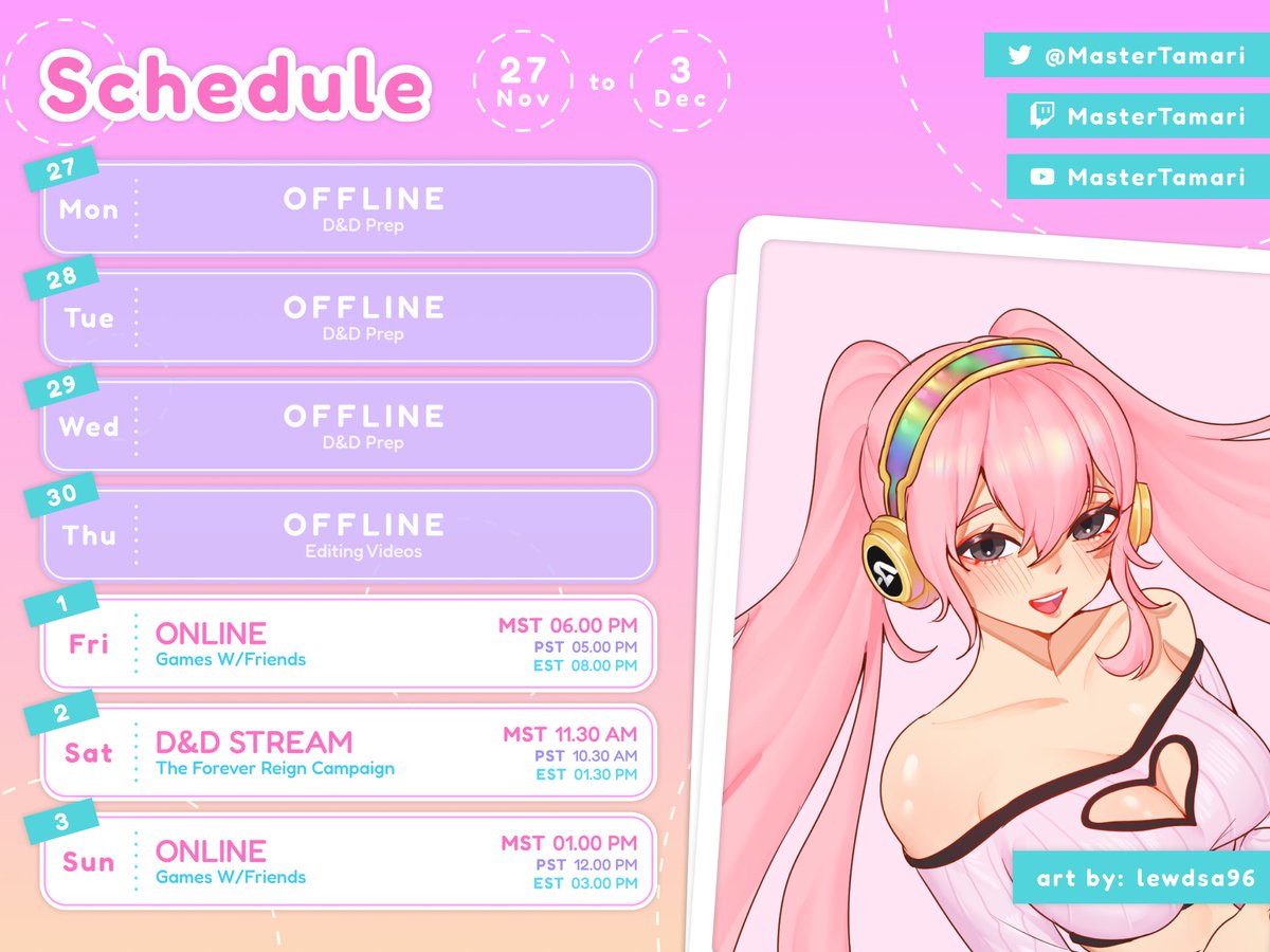 MasterTamari's tweet photo. Hi hi everyone! A bit late but here is my streaming schedule for this week 💖 Again, not much going on this week because of stinky work, but I do got D&amp;D this weekend so come stop by for more chaos! I hope to see you all there. https://t.co/Cxx1WItaw3