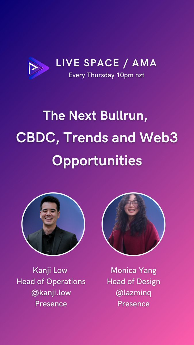 presence_io's tweet photo. Hey fam! We will be live tomorrow at 10pm NZT/8pm AEST for our first weekly space and AMA.

Look forward to this and connecting with you amazing people!

https://t.co/ZUlgE1LXFJ https://t.co/qIRxb705Cc
