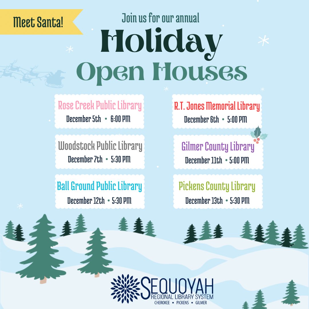 Meet Santa, make fun holiday-themed crafts, enjoy some tasty snacks, and more at our Holiday Open Houses! Visit one of our libraries this holiday season for exciting programming that all ages can enjoy. Visit our calendar for more details: bit.ly/SRLS-December #SeqLib