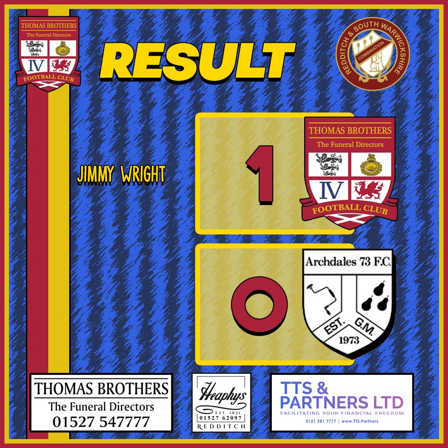 AFC Thomas Brothers 1-0 Archdales 73 FC

The home team progressed to the next round of the county cup, where we'll face Evesham Working Mens Club in the next round.