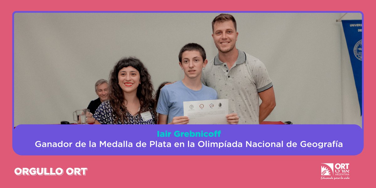 ORTArgentina's tweet photo. Se agranda el medallero de #OrgulloORT 👏
Celebramos el logro de Iair Grebnicoff, estudiante de 2do. año sede Belgrano, que gracias a su excelente desempeño obtuvo la 🥈 medalla de plata en la Olimpíada Nacional de Geografía, desarrollada en la Universidad Nacional del Litoral. https://t.co/ZGygPAV3KA