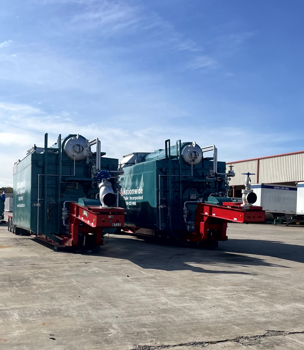 SteamNow's tweet photo. These 70k lb/hr trailer-mounted #boilers are gearing up for the second half of their marathon! The boilers returned for full inspection and service at our Texas facility. They're returning to the same customer to offer #temporarysteam for their upcoming maintenance outage. https://t.co/spG3HPxars