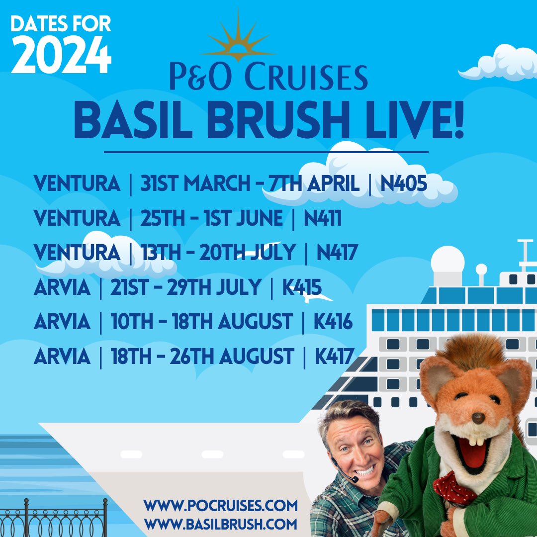 HOORAY! Finally the work is starting to come in for next year.  P&amp;O enjoyed us cruising with them last year and have booked us up for the following in 2024 🙌 Any of my fellow entertainers gigging on the same cruises? 🛳️ <a href="/realbasilbrush/">Basil Brush</a>