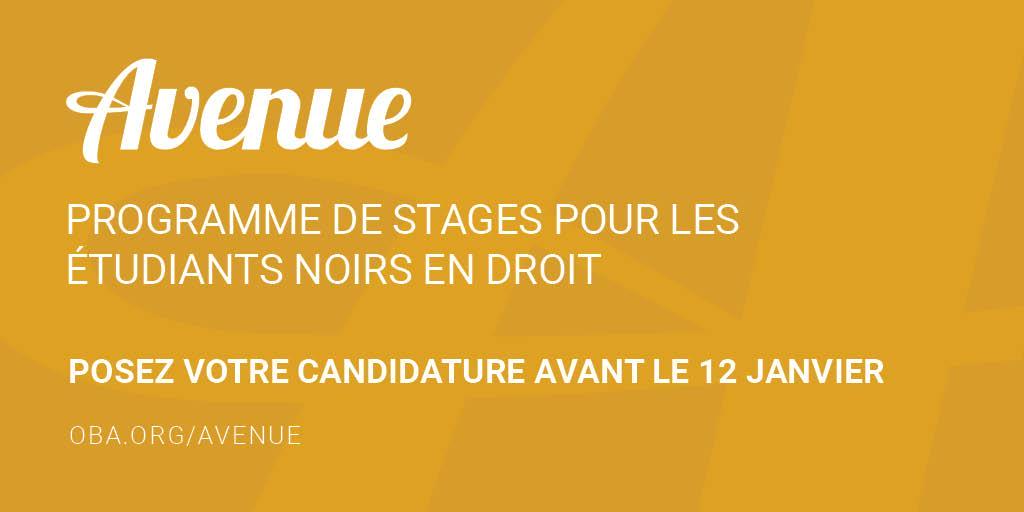 Vous envisagez une carrière en droit? Avenue est un programme de stage rémunéré qui aide les étudiant. es noir. es de 1er cycle au Canada à acquérir une expérience concrète dans le secteur juridique : oba.org/Avenue #diversité #avenuecanada