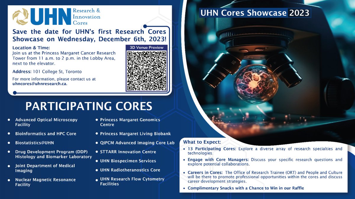 CoresUhn's tweet photo. Only 7 days to go! Get ready for an immersive experience at the UHN Research Showcase 2023 on Dec 6! Explore cutting-edge research cores up close, engage with our expert staff, and discover specialized services &amp; state of the art equipment.
Event Details: https://t.co/5HIk7mDb8y https://t.co/q6dzDJ8EUj