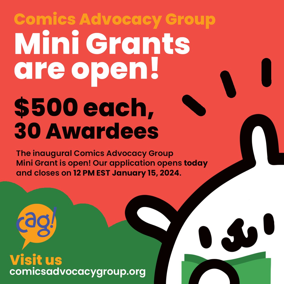 The inaugural Comics Advocacy Group Mini Grant is open! This application will close on 12pm EST on January 15th, 2024. 🔗comicsadvocacygroup.org