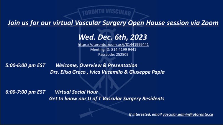 For medical students interested in the vascular surgery residency program at Toronto, check out the virtual open house happening on the evening of  December 6!

Email vascular.admin@utoronto.ca to RSVP!

<a href="/UofTSurgery/">U of T Department of Surgery</a>