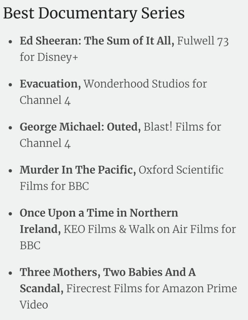 Varinesi's tweet photo. Really chuffed for all the team on Three Mothers, Two Babies and a Scandal to get this #BroadcastAwards nom straight off the back of the 
@BAFTAScotland win. And what great company to keep…congrats to the other nominees and see yous in Feb! @FirecrestFilms https://t.co/aWOX1u1hbg