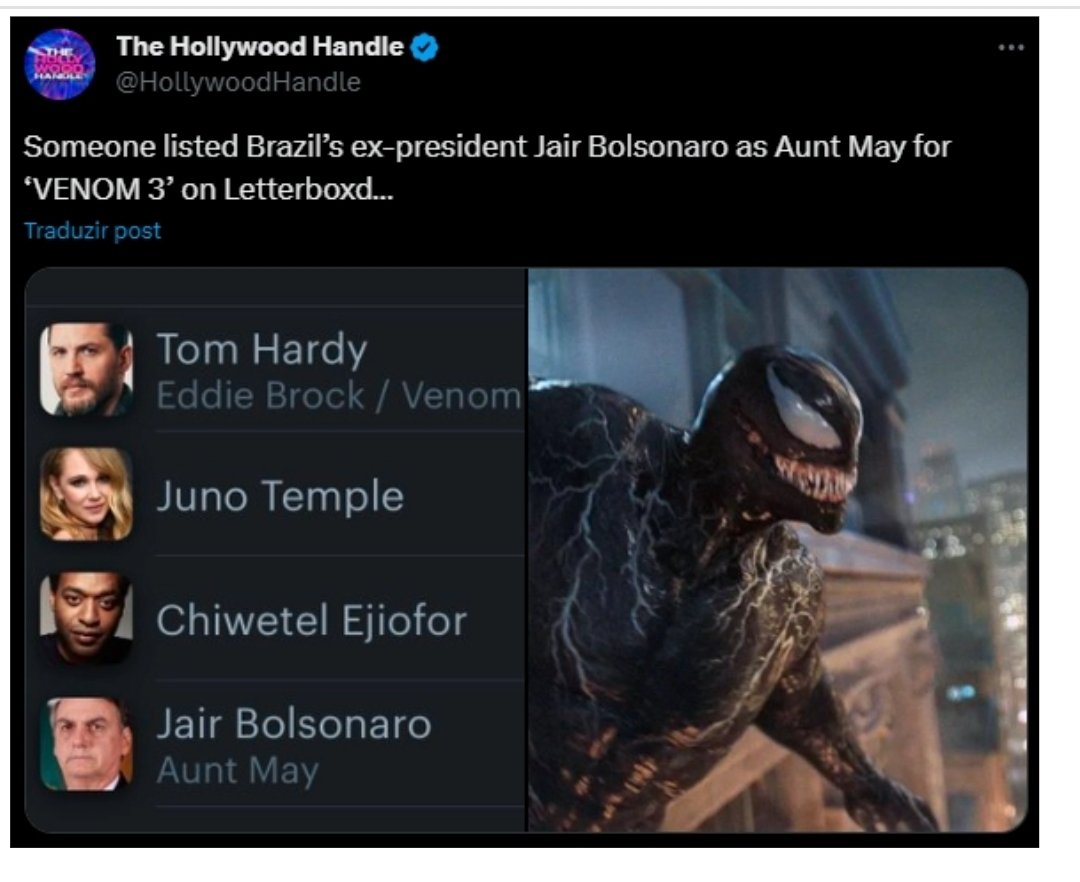 49dosHonestos's tweet photo. De quem foi essa idéia de colocar Bolsonaro @jairbolsonaro como intérprete da Tia May no filme Venom 3?
😂😂😂😂😂😂😂😂😂😂😂 https://t.co/8GBJ2rdPUP