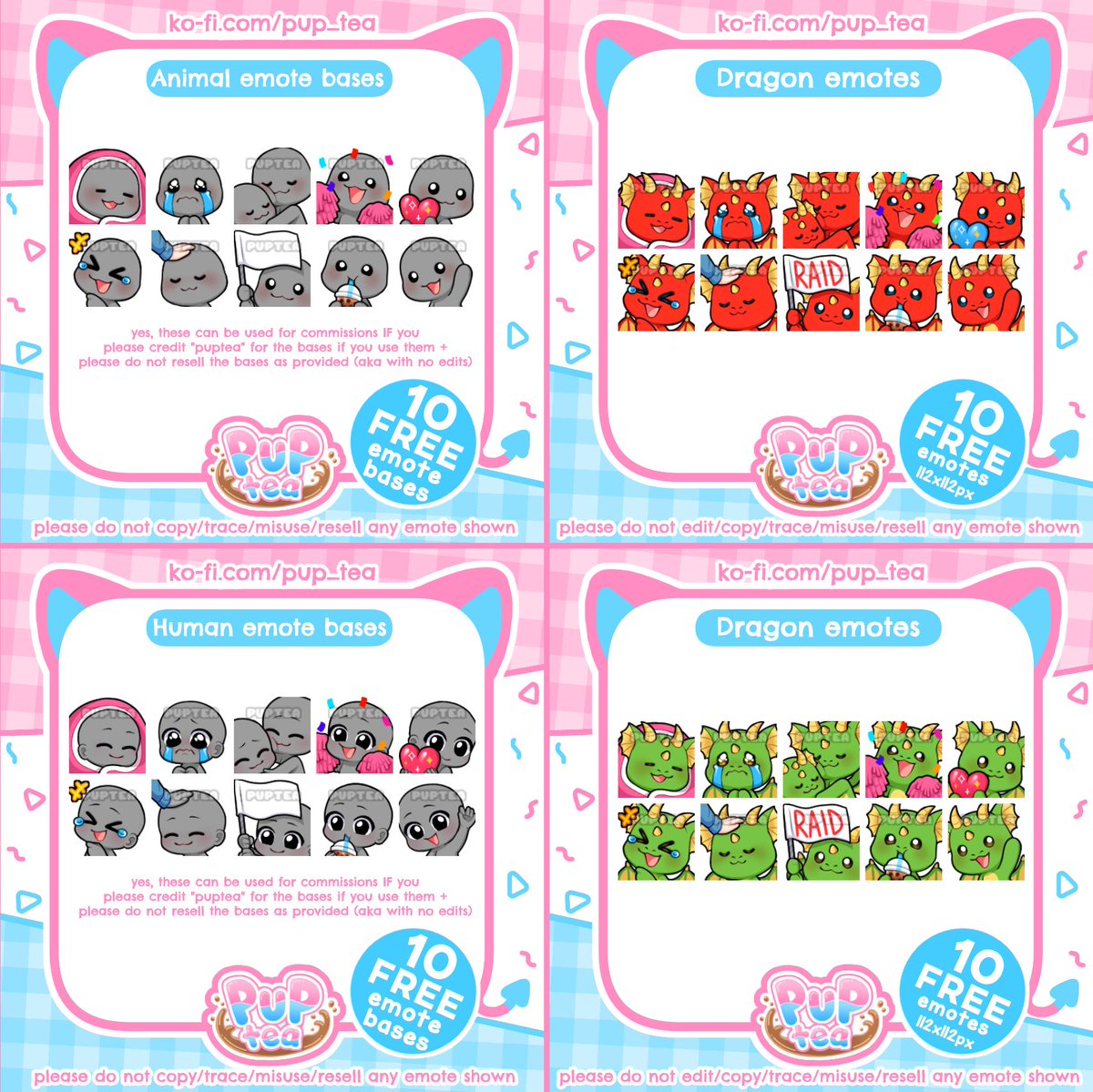 PupLovesTea's tweet photo. 🌸 [F2U] free to use emote bases + dragons made from the bases! 🌸

🩷 10 emotes per set - 112x112px each 
🩷 human and animal bases available!
🩷 green, red, and black+red dragons available!
🩷 great to practise emotes with!

🎁FREE TO USE! links below!🎁 https://t.co/aJ5YLWRU38