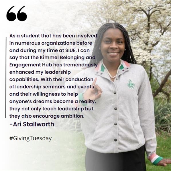 SIUEFSL's tweet photo. Today is Giving Tuesday. Your donation allows the Kimmel Belonging and Engagement Hub to continue to create impactful co-curricular activities for SIUE students. Help us shape leaders like Ari by donating to the Fraternity and Sorority Life community here: https://t.co/XxnokX0iDx https://t.co/fwtkhZ658G