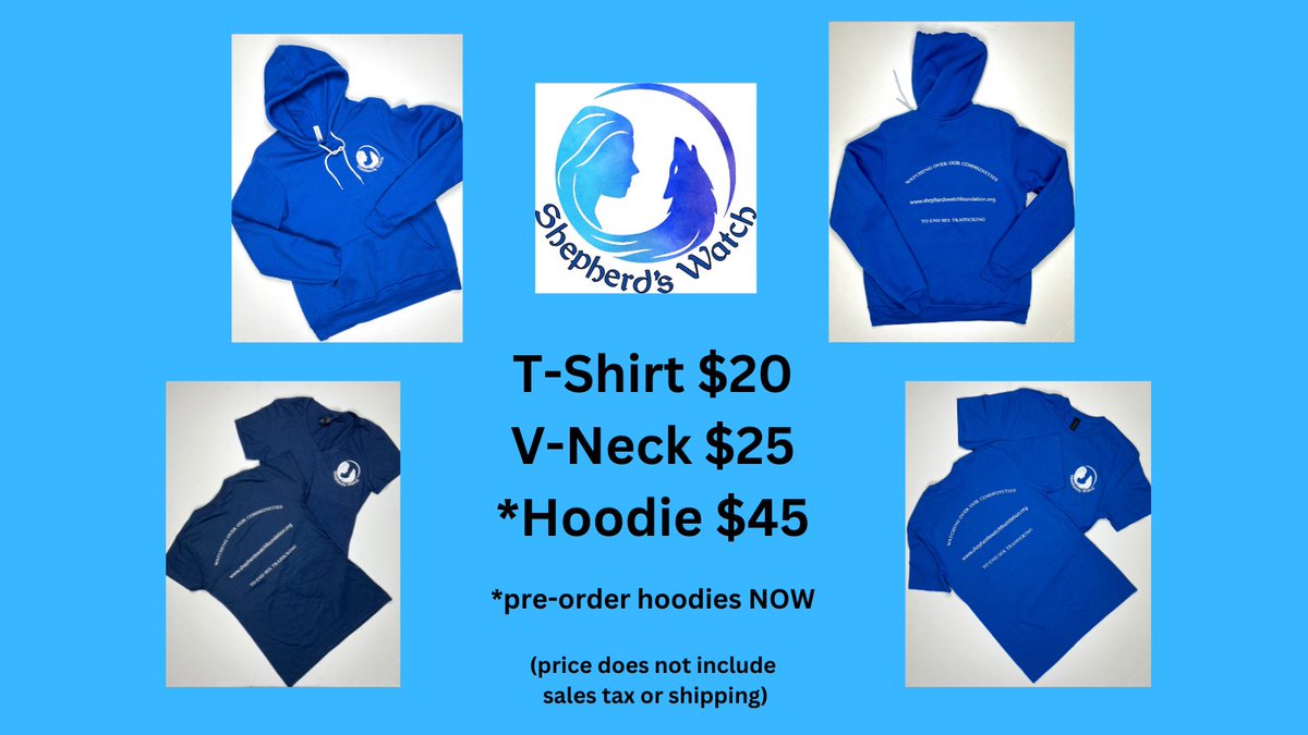swfstoptraffick's tweet photo. You asked for merch & here it is👇 We are now taking "pre-orders" for more hoodies with T-SHIRTS & V-NECKS IN STOCK!
Message (or email) us or @truthfighter33 to get yours headed your way!
#ShepherdsWatchFoundation #EndSexTrafficking https://t.co/pN5vnj5gD1