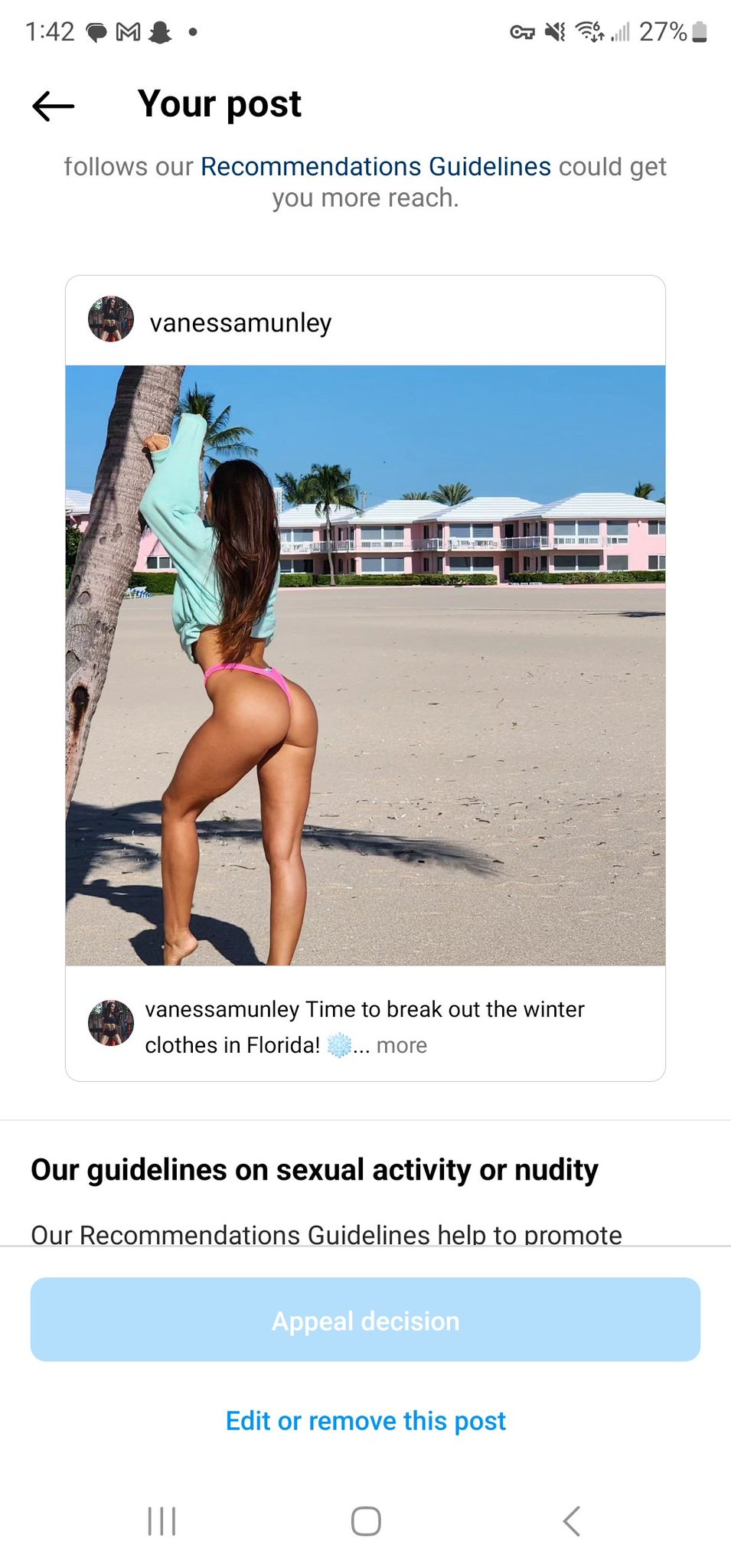 vanessa munley on X: Does anyone know whats going on with Instagram? Are  thong bikinis on a beach equivalent to porn? The irony is that I have a  sweater on, which is more fabric than usual for me. Anyway, Im going to  start posting more on this platform ...