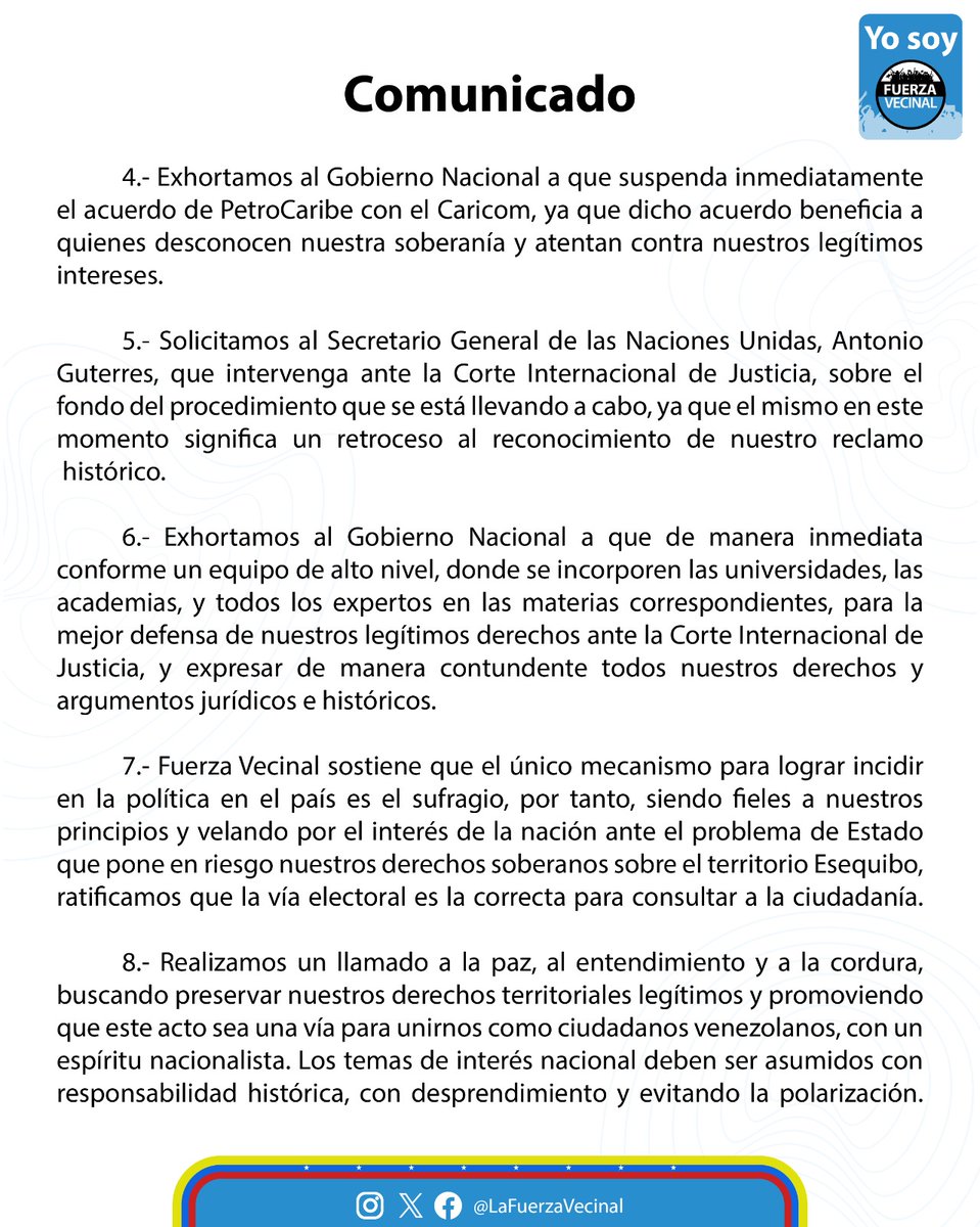 lafuerzavecinal's tweet photo. ⚪️⚫️🔵 Dados los hechos y continuas agresiones que venimos sufriendo los venezolanos por parte del Gobierno de Guyana que atentan contra nuestra soberanía, seguridad y los legítimos intereses del Estado venezolano en el Esequibo y su fachada atlántica, expresamos lo siguiente. https://t.co/SbQy9bkYIT