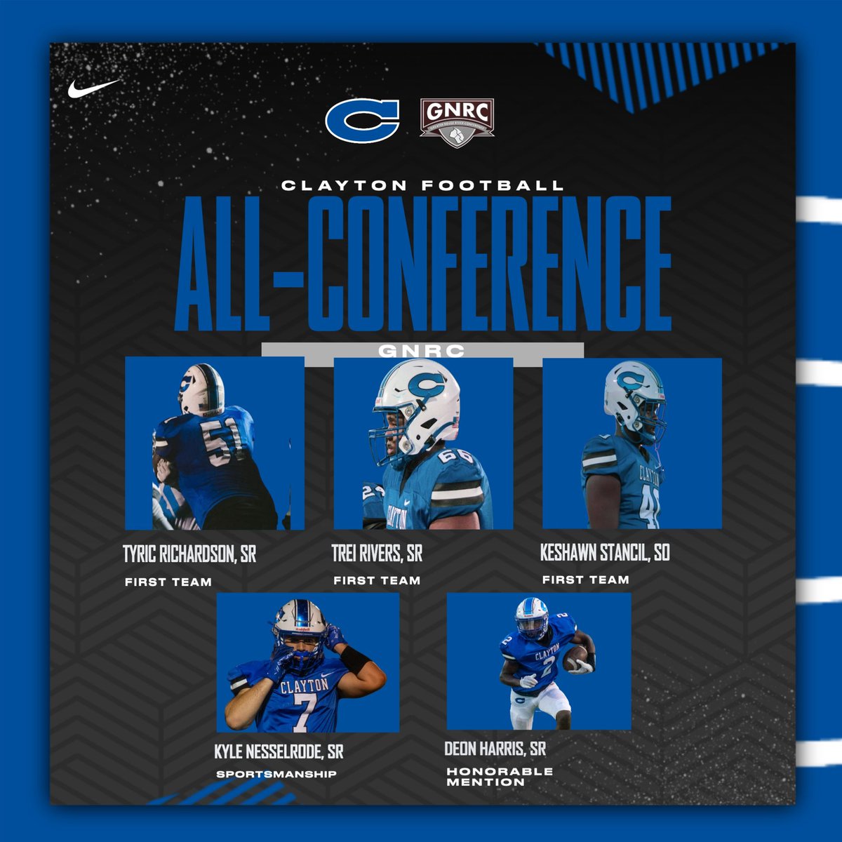 ClaytonCometsAD's tweet photo. Congratulations to our 1️⃣1️⃣❗️@ClaytonCometsFB players for being selected to the GNRC All-Conference team!  We are so proud of you all!

#GoComets

@Clayton_Comets @ClaytonBoosters @CRNSports https://t.co/Bl6YINSVxS