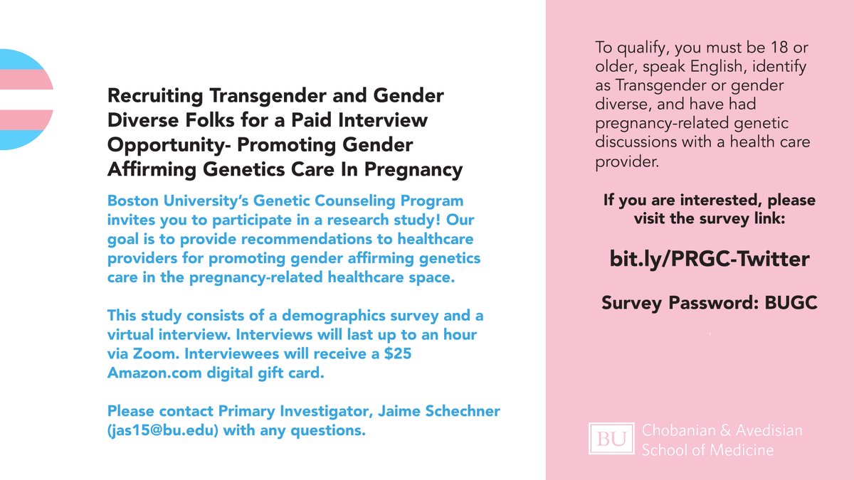 🌈 Join our research at Boston University!  We're interviewing #transgender enby and gender-diverse individuals (18+) who've discussed #pregnancy-related #genetic testing with a healthcare provider. Share your experiences to help shape affirming care! See flier. 🏳️‍⚧️🏳️‍🌈 #TransHealth