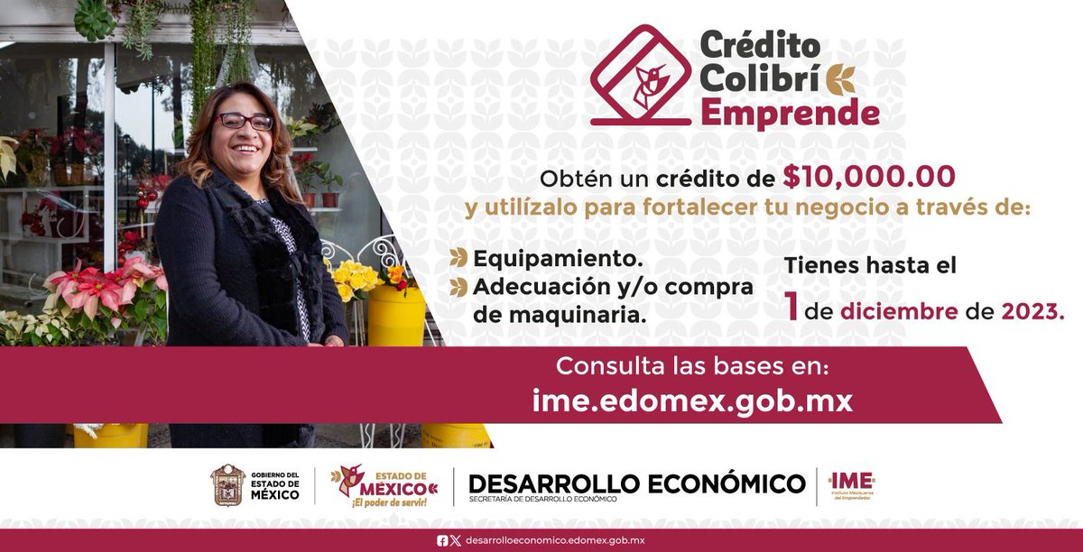 ¡Atención emprendedores mexiquenses!
A través del programa #CréditoColibríEmprende podrás fortalecer tu negocio. 
Conoce las bases en: ime.edomex.gob.mx 
Tienes hasta el 1 de diciembre para realizar tu trámite.

#ElPoderDeServir