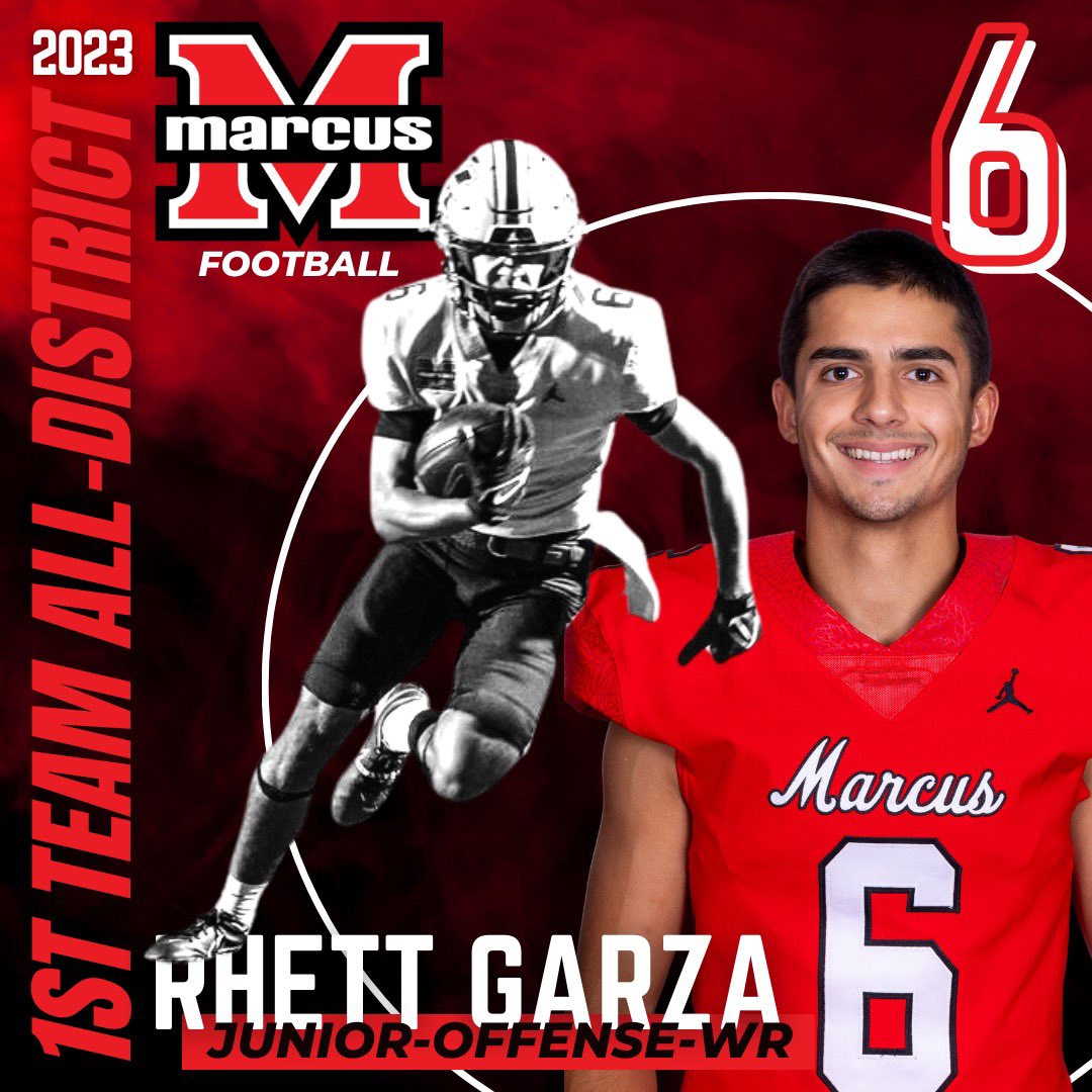 MarcusFootball's tweet photo. Congratulations to @MarcusFootball junior wide receiver @rhett_garza for earning 6-6A First Team All-District.

#MarcusDNA #WinTheDay #txhsfb https://t.co/Svv5G25zG6