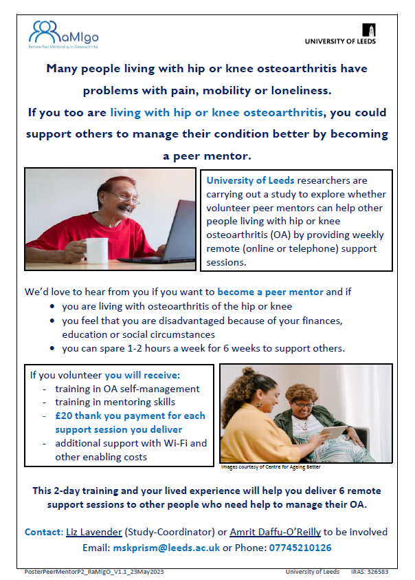 Do you like helping other people?

Are you affected by hip or knee osteoarthritis?
 
Would you like to help others self-manage their osteoarthritis?

Receive FREE training and payment for each support session delivered.

Read on to find out how 👇

#ArthritisPeerMentor