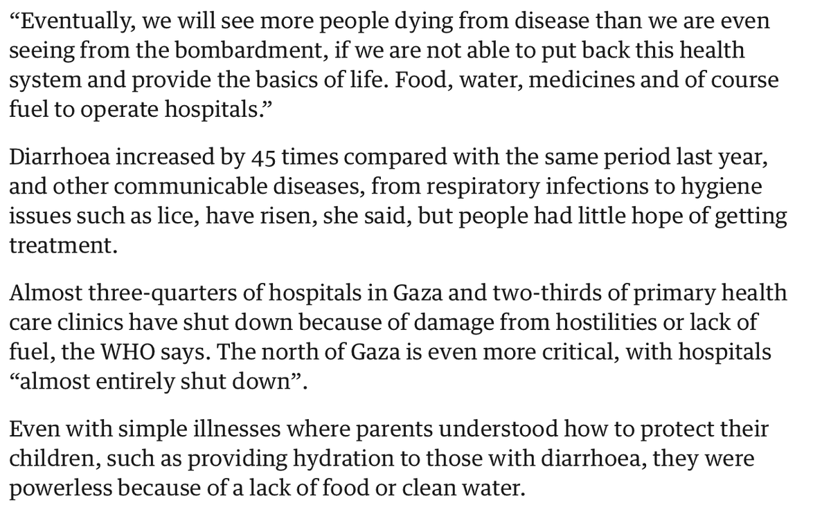 purplecanute's tweet photo. The bombing is terrible and count the deaths. It's not the whole story.  We let the bombers off the hook.  Water treatment and pumping, electricity generators, food distribution, health care - bombed, blockaded and out of action. More people die - now in Gaza as in Iraq '03. https://t.co/eqC6N7iIvF