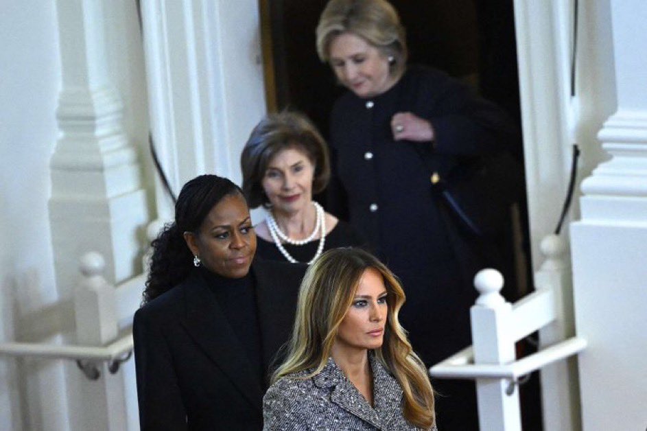 The_Trump_Train's tweet photo. First Lady Melania Trump visited President Carter’s wife Rosalynn Carter’s funeral. 

She’s sat next to Barack Obama, Michelle Obama, Jill Biden, and Crooked Hillary.

Who else is proud of Melania for showing respect even when surrounded by hatred? ✋✋ https://t.co/qXygj3AXxC