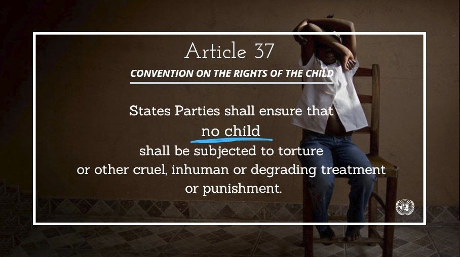 Art 37 #CRC:
States Parties shall ensure that no child shall be subjected to torture or other cruel, inhuman or degrading treatment or punishment. 

buff.ly/47zarB6 
#ACTtoProtect