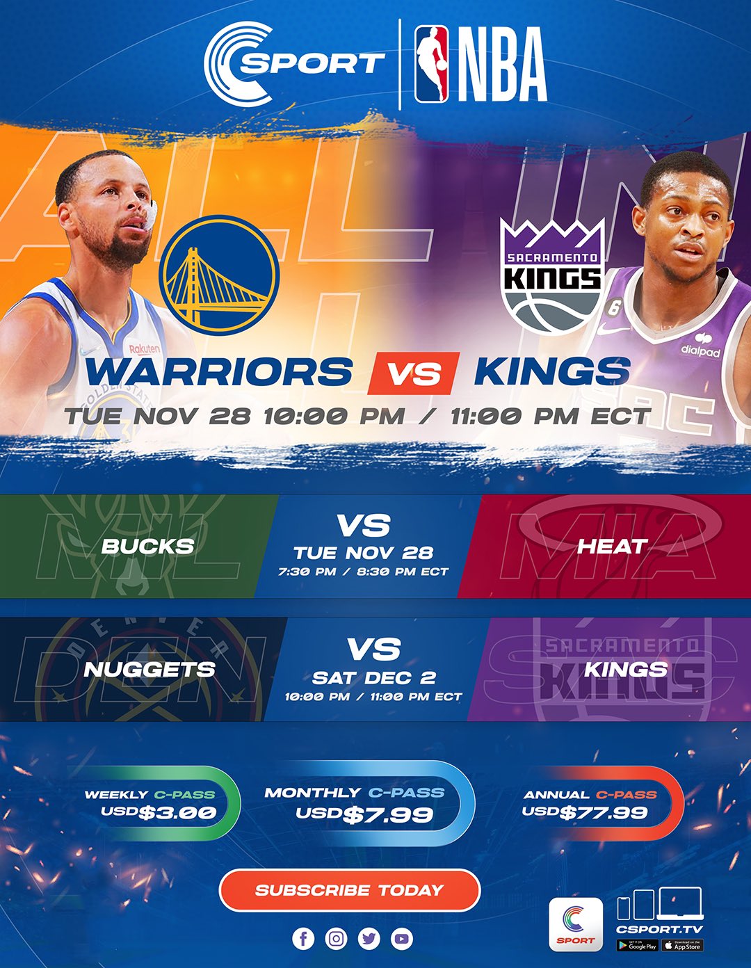 Csport.tv on X NBA Matchups LIVE on CSport Tues. Nov 28 7 30PM Bucks v Heat Tues. Nov 28 10 00PM Warriors v Kings Sat. Dec. 2 10 00PM