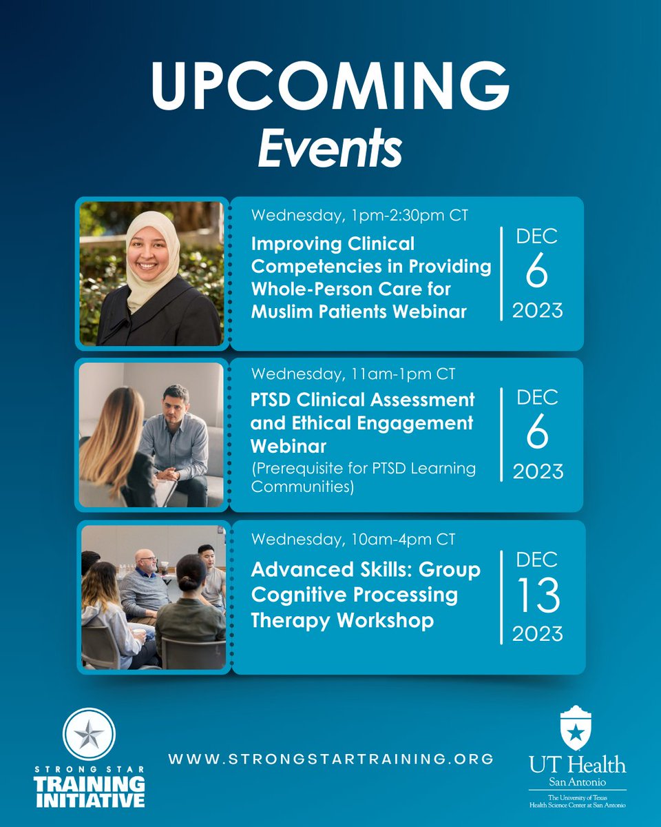 STRONGSTARTrain's tweet photo. Take some time to grow your clinical expertise this holiday season with our December CE events! ❄️
Get the details on our upcoming webinars and training opportunities in evidence-based PTSD treatment at: https://t.co/cO2CgfNx8r
#PTSD #mentalhealthmatters #webinars #CEevent https://t.co/GcszqAmFNH