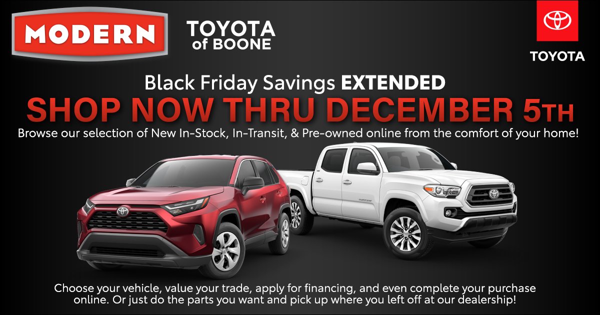 moderntoyota's tweet photo. Black Friday has been extended at Modern Toyota! https://t.co/919f6pyIt3