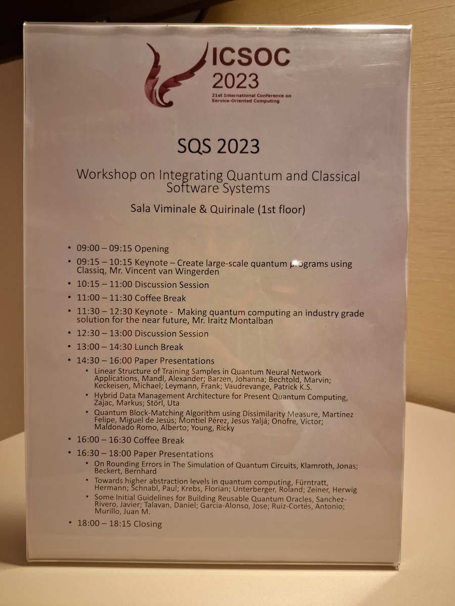 Miguelillnino's tweet image. Grateful experience to share knowledge in @icsocconf workshop services and quantum software 2023 #icsoc2023 #quantumcomputing