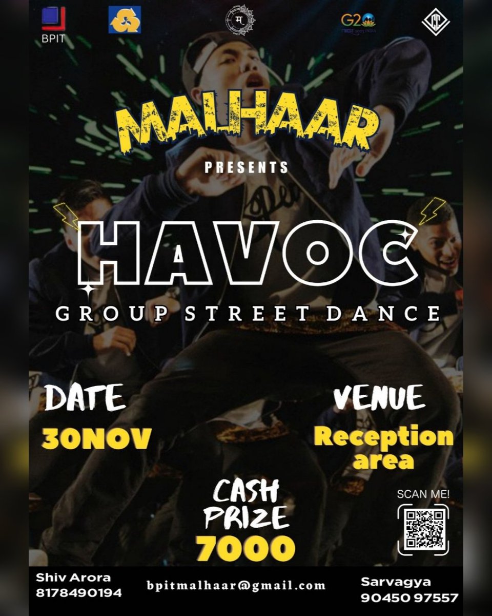 Havoc '23 - Where dance sparks a Join us at Malhaar '23 on December 1st for the ultimate Group Street Dance.
 #DanceRevolution #Malhaar23 #malhaar2023 #malhaarfest #Malhaar #delhifest #college #collegefest #annualfest #technocultural  #technoculturalfest #bpitrohini #bpitdelhi